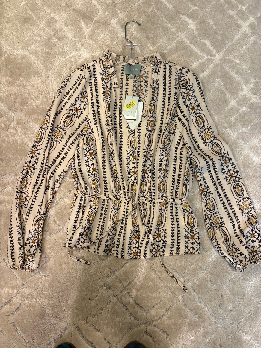 Skies Are Blue Cream Paisley-Stripe Drawstring Peplum Blouse